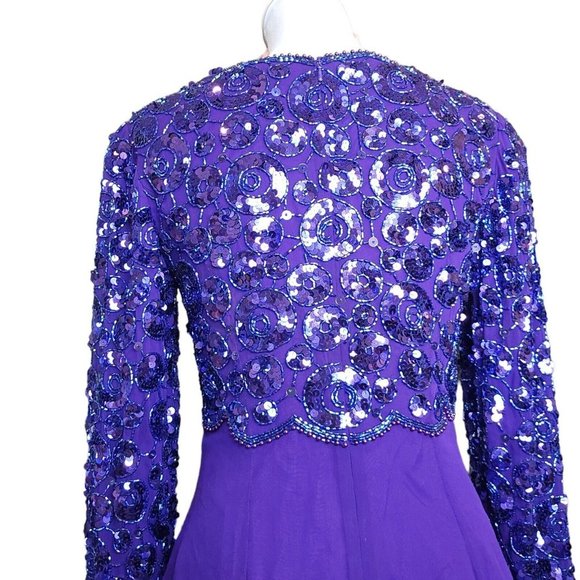 Vintage 80s Purple Silk Beaded Cocktail Dress Longsleeve - Picture 5 of 12